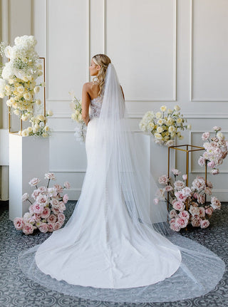 Tailored Tulle Extra Wide Pearl Veil at Mae Bridal, extra wide pearl veil, wide wedding veil, pearl bridal veil