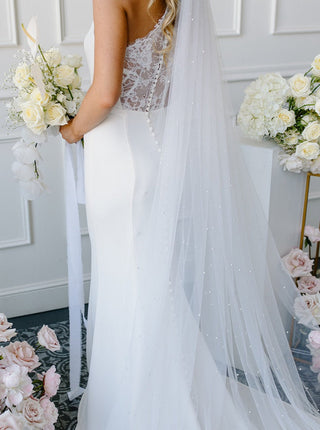Wide wedding veil at Mae Bridal, the Tailored Tulle Extra Wide Pearl Veil