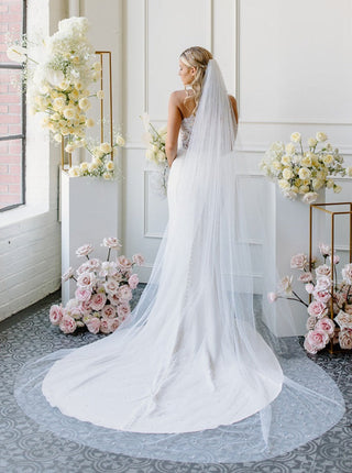 Tailored Tulle Extra Wide Pearl Veil, pearl bridal veil at Mae Bridal