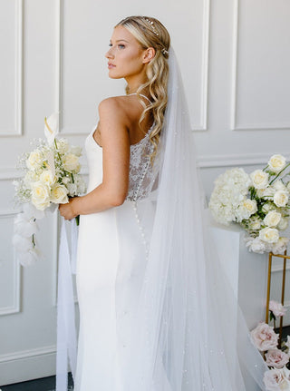 Tailored Tulle Extra Wide Pearl Veil at Mae Bridal, made to order, wide wedding veil, extra wide pearl veil