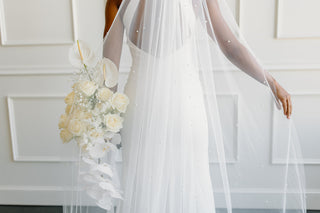 Tailored Tulle Extra Wide Pearl Veil at Mae Bridal, extra wide pearl veil, wide wedding veil, pearl bridal veil, hand sewn in Portland, Oregon