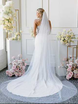 Extra Wide Pearl Veil by Tailored Tulle at Mae Bridal, extra wide pearl veil, wide wedding veil, hand sewn in Portland, Oregon