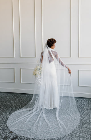 Wide wedding veil at Mae Bridal, the Tailored Tulle Extra Wide Pearl Veil, hand sewn in Portland, Oregon
