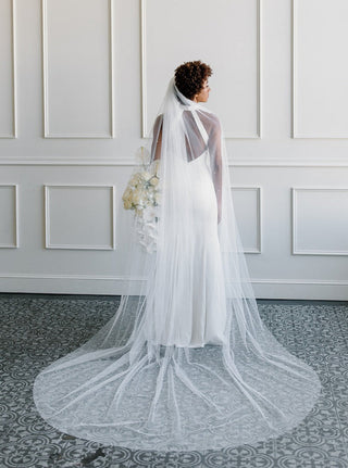 Tailored Tulle Extra Wide Pearl Veil, pearl bridal veil at Mae Bridal, hand sewn in Portland, Oregon
