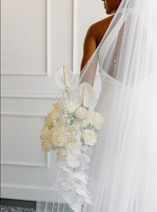 Extra Wide Pearl Veil from Tailored Tulle at Mae Bridal, extra wide pearl veil, wide wedding veil, pearl bridal veil, hand sewn in Portland, Oregon