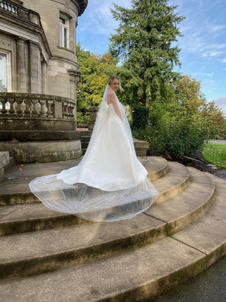 Tailored Tulle Extra Wide Pearl Veil at Mae Bridal, made to order, wide wedding veil, extra wide pearl veil, hand sewn in Portland, Oregon