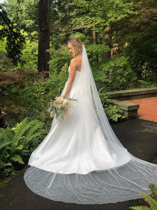 Tailored Tulle Extra Wide Pearl Veil at Mae Bridal, extra wide pearl veil, wide wedding veil, pearl bridal veil, made to order