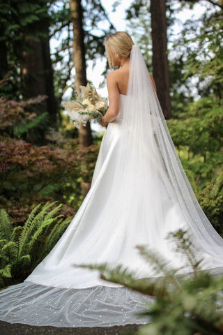 Wide wedding veil at Mae Bridal, the Tailored Tulle Extra Wide Pearl Veil, made to order