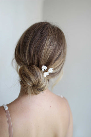 Tailored Tulle Floral Pearl Pins at Mae Bridal, floral pearl hair pins, bridal hair pins, garden wedding hair