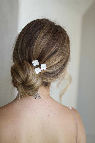 Tailored Tulle Floral Pearl Pins, garden wedding hair at Mae Bridal