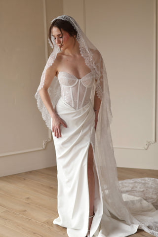 Tailored Tulle Full Lace Mantilla Veil at Mae Bridal, full lace mantilla veil, mantilla wedding veil, all lace bridal veil