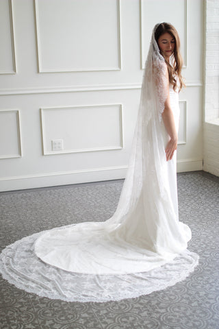 Mantilla wedding veil at Mae Bridal, the Tailored Tulle Full Lace Mantilla Veil