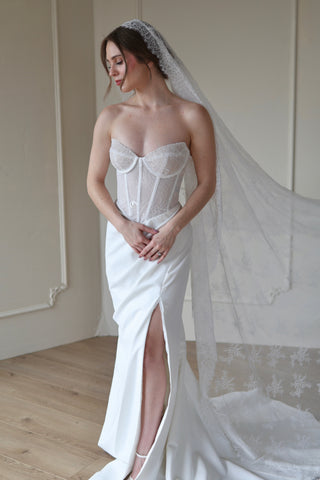 Tailored Tulle Full Lace Mantilla Veil, all lace bridal veil at Mae Bridal