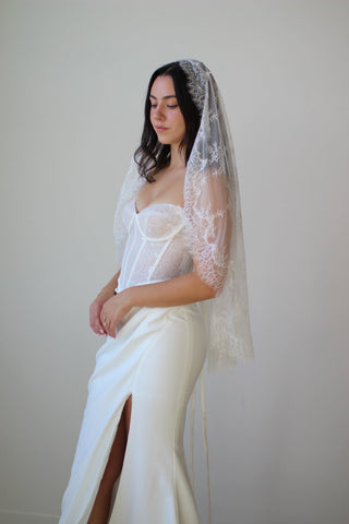 Full Lace Mantilla Veil by Tailored Tulle at Mae Bridal, full lace mantilla veil, mantilla wedding veil, hand sewn in Portland, Oregon