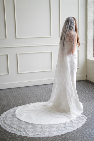 Tailored Tulle Full Lace Mantilla Veil at Mae Bridal, made to order, mantilla wedding veil, full lace mantilla veil, hand sewn in Portland, Oregon