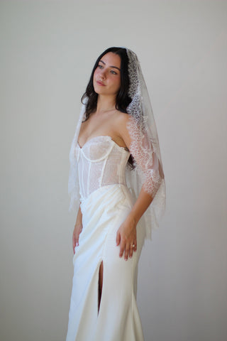 Tailored Tulle Full Lace Mantilla Veil at Mae Bridal, full lace mantilla veil, mantilla wedding veil, all lace bridal veil, made to order