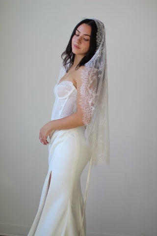 Full Lace Mantilla Veil by Tailored Tulle at Mae Bridal, full lace mantilla veil, mantilla wedding veil, designed and made by a small studio in Portland