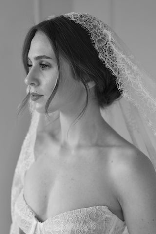 Mantilla wedding veil at Mae Bridal, the Tailored Tulle Full Lace Mantilla Veil, designed and made by a small studio in Portland