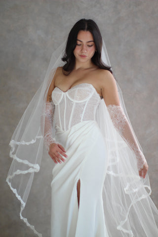 Tailored Tulle Hailey Lace Drop Veil at Mae Bridal, lace drop veil, chantilly lace wedding veil, drop bridal veil