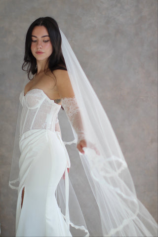 Chantilly lace wedding veil at Mae Bridal, the Tailored Tulle Hailey Lace Drop Veil
