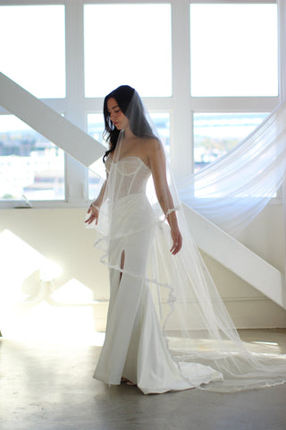 Tailored Tulle Hailey Lace Drop Veil at Mae Bridal, lace drop veil, chantilly lace wedding veil, drop bridal veil, hand sewn in Portland, Oregon