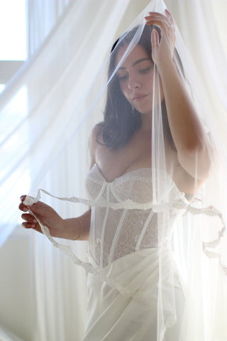 Chantilly lace wedding veil at Mae Bridal, the Tailored Tulle Hailey Lace Drop Veil, hand sewn in Portland, Oregon