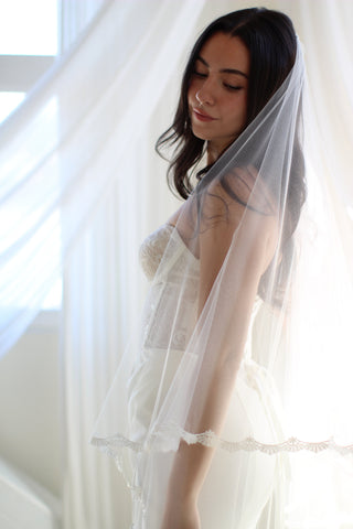 Tailored Tulle Hailey Lace Drop Veil, drop bridal veil at Mae Bridal, hand sewn in Portland, Oregon