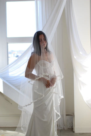 Tailored Tulle Hailey Lace Drop Veil at Mae Bridal, made to order, chantilly lace wedding veil, lace drop veil, hand sewn in Portland, Oregon