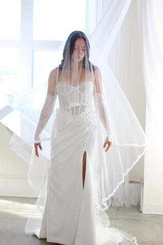 Tailored Tulle Hailey Lace Drop Veil at Mae Bridal, lace drop veil, chantilly lace wedding veil, drop bridal veil, made to order