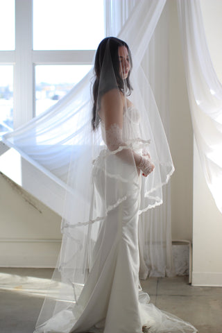 Hailey Lace Drop Veil by Tailored Tulle at Mae Bridal, lace drop veil, chantilly lace wedding veil, made to order