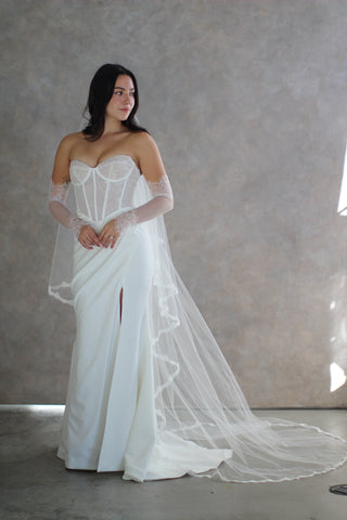 Chantilly lace wedding veil at Mae Bridal, the Tailored Tulle Hailey Lace Drop Veil, made to order