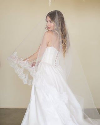 Tailored Tulle Lace Drop Veil at Mae Bridal, lace drop veil, drop wedding veil, lace edged bridal veil