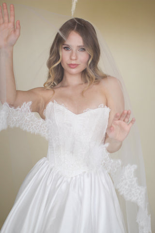 Tailored Tulle Lace Drop Veil, lace edged bridal veil at Mae Bridal