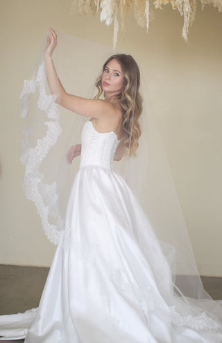 Tailored Tulle Lace Drop Veil at Mae Bridal, lace drop veil, drop wedding veil, lace edged bridal veil, hand sewn in Portland, Oregon
