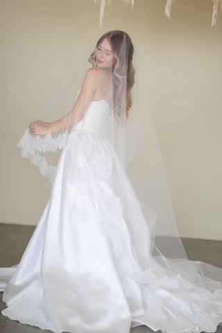 Drop wedding veil at Mae Bridal, the Tailored Tulle Lace Drop Veil, hand sewn in Portland, Oregon