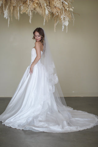 Tailored Tulle Lace Drop Veil, lace edged bridal veil at Mae Bridal, hand sewn in Portland, Oregon