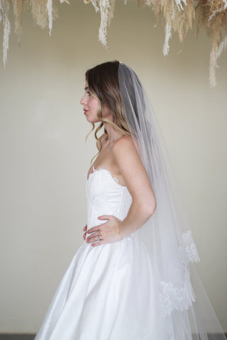 Lace Drop Veil from Tailored Tulle at Mae Bridal, lace drop veil, drop wedding veil, lace edged bridal veil, hand sewn in Portland, Oregon