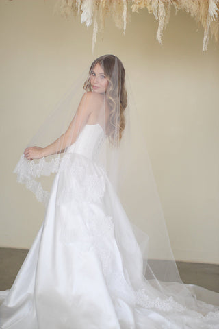 Tailored Tulle Lace Drop Veil at Mae Bridal, made to order, drop wedding veil, lace drop veil, hand sewn in Portland, Oregon