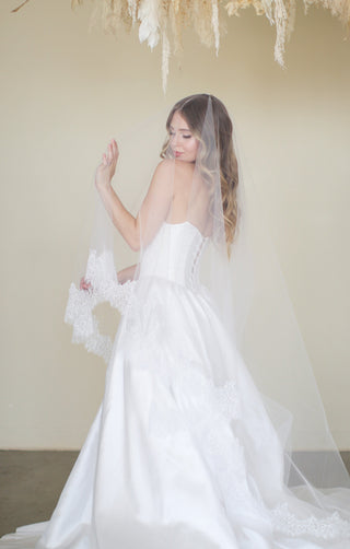 Drop wedding veil at Mae Bridal, the Tailored Tulle Lace Drop Veil, made to order