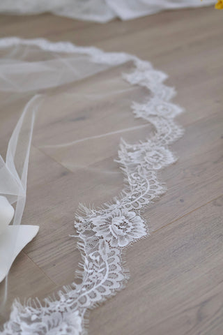 Tailored Tulle Lace Drop Veil at Mae Bridal, lace drop veil, drop wedding veil, lace edged bridal veil, designed and made by a small studio in Portland