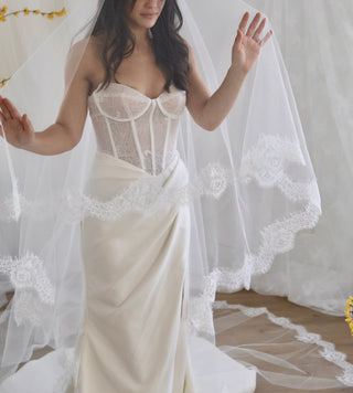 Drop wedding veil at Mae Bridal, the Tailored Tulle Lace Drop Veil, designed and made by a small studio in Portland