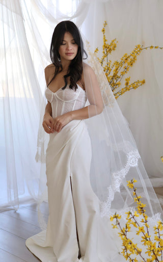 Tailored Tulle Lace Drop Veil, lace edged bridal veil at Mae Bridal, designed and made by a small studio in Portland