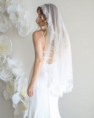 Tailored Tulle Lace Mantilla Veil at Mae Bridal, lace mantilla veil, mantilla wedding veil, chantilly lace veil