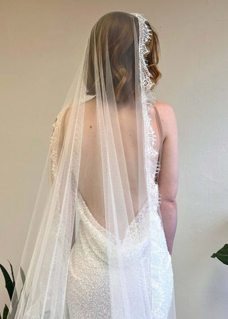 Mantilla wedding veil at Mae Bridal, the Tailored Tulle Lace Mantilla Veil