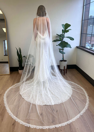 Tailored Tulle Lace Mantilla Veil, chantilly lace veil at Mae Bridal