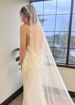 Lace Mantilla Veil from Tailored Tulle at Mae Bridal, lace mantilla veil, mantilla wedding veil, chantilly lace veil