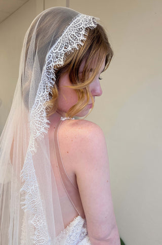 Tailored Tulle Lace Mantilla Veil at Mae Bridal, made to order, mantilla wedding veil, lace mantilla veil
