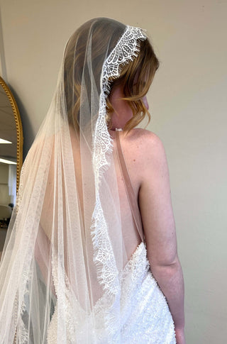 Tailored Tulle Lace Mantilla Veil at Mae Bridal, lace mantilla veil, mantilla wedding veil, chantilly lace veil, hand sewn in Portland, Oregon