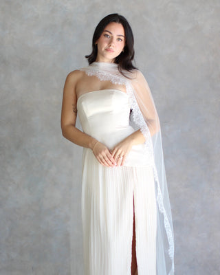 Tailored Tulle Lace Trim Bridal Scarf at Mae Bridal, lace trim bridal scarf, bridal neck scarf, chantilly lace scarf