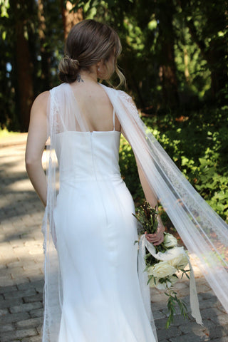 Bridal neck scarf at Mae Bridal, the Tailored Tulle Lace Trim Bridal Scarf, hand sewn in Portland, Oregon